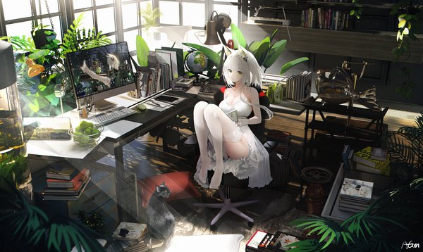 Anime picture 2400x1430 with arknights kal'tsit (arknights) omone hokoma agm single looking at viewer fringe highres short hair breasts light erotic wide image large breasts sitting holding green eyes signed animal ears cleavage full body bent knee (knees)
