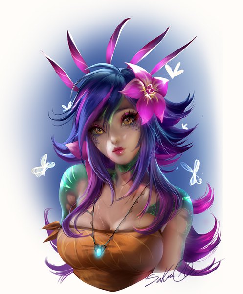 Anime picture 828x1000 with league of legends neeko (league of legends) sakimichan single long hair tall image looking at viewer fringe breasts simple background hair between eyes bare shoulders signed yellow eyes blue hair cleavage purple hair upper body head tilt multicolored hair