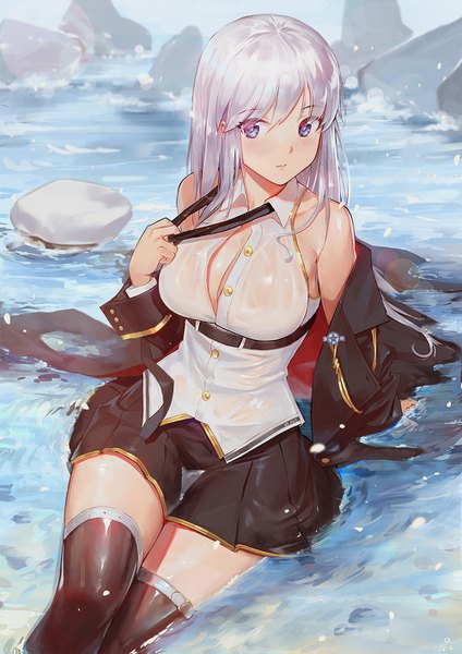 Anime picture 1000x1415 with azur lane enterprise (azur lane) duan henglong single long hair tall image looking at viewer blush fringe breasts light erotic hair between eyes large breasts sitting purple eyes bare shoulders signed cleavage silver hair outdoors