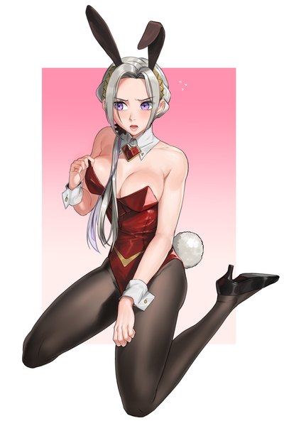 Anime picture 1200x1800 with fire emblem fire emblem: three houses nintendo edelgard von hresvelg radiostarkiller single long hair tall image blush breasts open mouth light erotic simple background large breasts sitting purple eyes animal ears looking away tail animal tail
