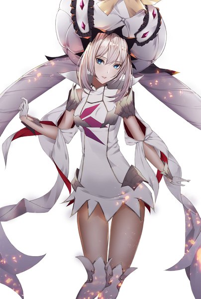 Anime picture 1500x2223 with fate (series) fate/grand order marie antoinette (fate/grand order) kim jin (tmxhfl4490) single tall image looking at viewer fringe blue eyes simple background hair between eyes standing white background twintails payot silver hair very long hair parted lips head tilt girl