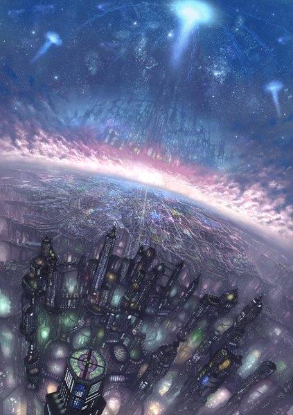 Anime-Bild 2400x3400 mit original denki tall image highres sky cloud (clouds) night night sky city light cityscape star (stars) castle tower