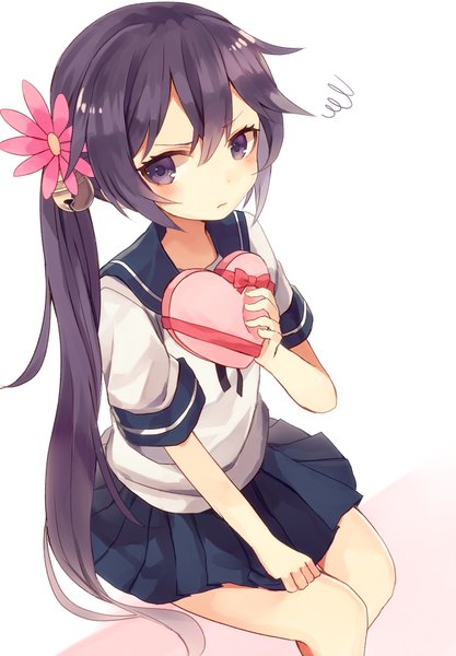 Anime picture 600x863 with kantai collection akebono destroyer shugao single tall image blush black hair simple background hair between eyes white background sitting purple eyes payot looking away very long hair embarrassed side ponytail valentine hair bell girl