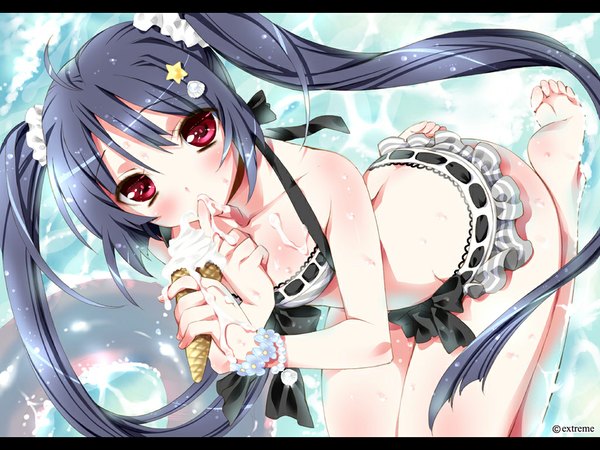 Anime picture 1024x768 with momoiro taisen pairon himeka (pairon) kamiya maneki single long hair blush light erotic black hair red eyes sitting twintails from above looking up eating girl ribbon (ribbons) bow swimsuit bikini food