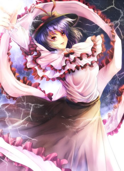 Anime picture 800x1099 with saturday night fever touhou nagae iku kotonoman single tall image short hair red eyes purple hair looking up pointing girl dress ribbon (ribbons) hat