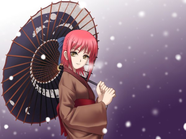 Anime picture 1280x960 with shingetsutan tsukihime type-moon kohaku (tsukihime) 40010prototype single looking at viewer short hair brown eyes red hair traditional clothes japanese clothes snowing winter half updo girl kimono umbrella oriental umbrella