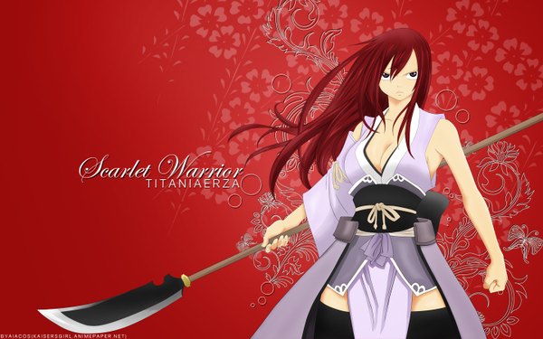 Anime picture 1440x900 with fairy tail erza scarlet single long hair fringe breasts light erotic hair between eyes wide image large breasts bare shoulders holding brown eyes cleavage red hair traditional clothes character names floating hair samurai girl