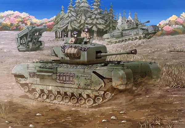 イラスト 1200x830 と オリジナル エアラ戦車 ミリタリー 男性 武器 植物 木 銃砲 地上車 森 戦車 caterpillar tracks