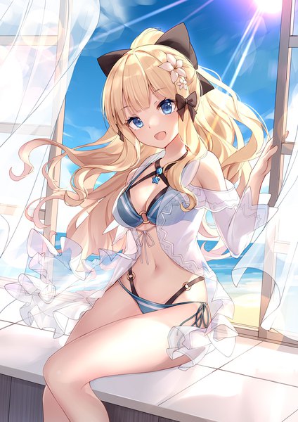 Anime picture 1358x1920 with princess connect! re:dive princess connect! saren (princess connect!) bison cangshu single long hair tall image looking at viewer blush fringe breasts open mouth blue eyes light erotic blonde hair smile sitting payot sky cleavage