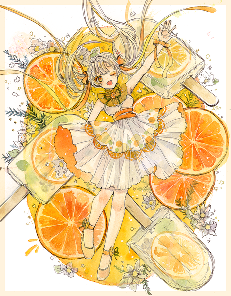 Anime picture 1000x1281 with original shiratsuyu single long hair tall image looking at viewer open mouth twintails full body white hair head tilt one eye closed orange eyes sleeveless border ;d traditional media watercolor (medium) girl dress