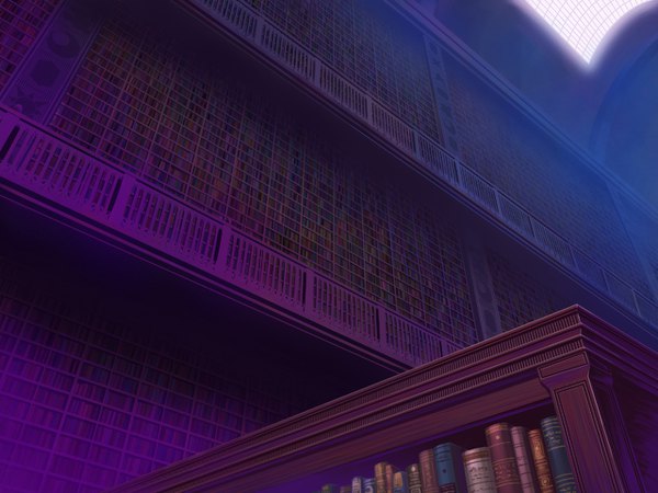 Anime picture 1280x960 with touhou aoha (twintail) indoors sunlight no people window book (books) shelf railing bookshelf library
