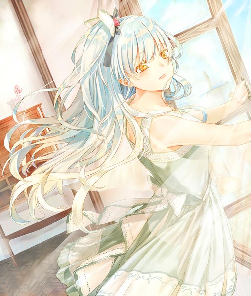 Anime picture 1500x1771 with original saijou haruki single long hair tall image blush open mouth standing bare shoulders yellow eyes looking away silver hair indoors sunlight dutch angle one side up turning head girl dress hair ornament