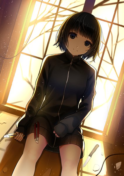 Anime picture 744x1052 with original kentaurosu single tall image looking at viewer short hair black hair sitting black eyes girl window track jacket boxcutter