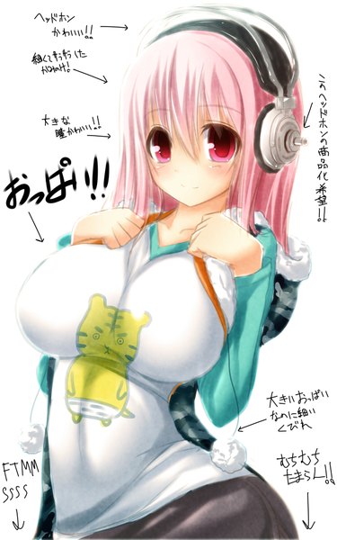 Anime picture 2500x4000 with nitroplus super sonico syroh single long hair tall image highres breasts light erotic red eyes pink hair inscription huge breasts hieroglyph girl headphones cat directional arrow