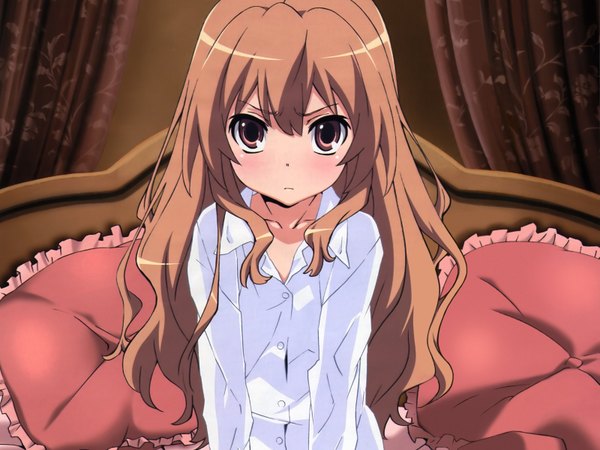 Anime-Bild 3200x2400 mit toradora j.c. staff aisaka taiga ootsuka mai single long hair looking at viewer blush fringe highres hair between eyes brown hair sitting brown eyes upper body official art frown cropped girl shirt