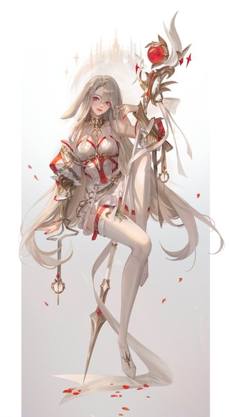 Anime picture 2264x4096 with original shumolly single long hair tall image looking at viewer fringe highres breasts light erotic simple background hair between eyes red eyes large breasts animal ears full body bent knee (knees) nail polish head tilt arm up