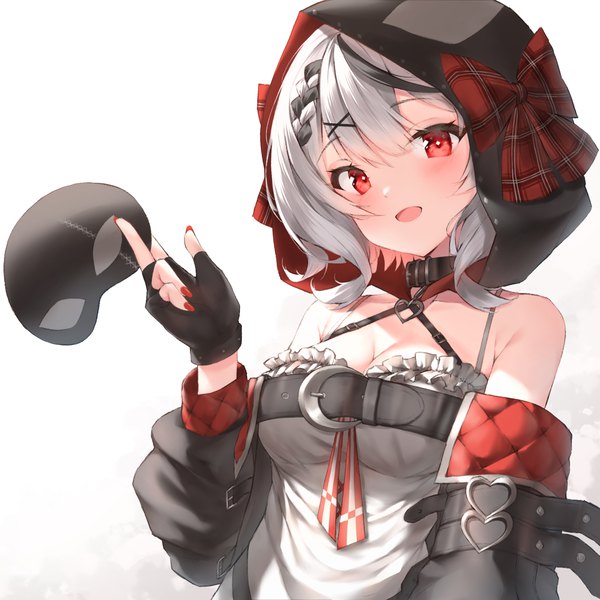 Anime picture 3000x3000 with virtual youtuber hololive sakamata chloe sakamata chloe (1st costume) ijac ray single looking at viewer blush highres short hair breasts open mouth simple background red eyes white background holding cleavage silver hair upper body nail polish