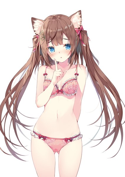 Anime picture 1357x1920 with original miwabe sakura single long hair tall image looking at viewer blush fringe breasts blue eyes light erotic simple background brown hair standing white background twintails animal ears payot arm up cat ears