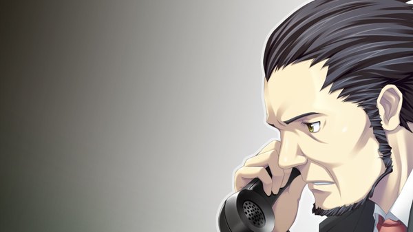 Anime picture 1600x900 with volume7 rococoworks fue (tsuzuku) single short hair black hair simple background wide image profile grey background boy phone beard