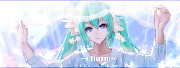 Anime picture 1980x753 with vocaloid hatsune miku wangchuan de quanyan single long hair looking at viewer fringe highres open mouth blue eyes wide image twintails long sleeves hair flower aqua hair inscription text english girl hair ornament