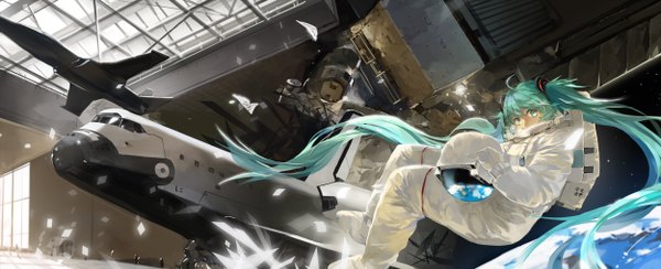 Anime picture 2500x1020 with vocaloid hatsune miku saberiii single looking at viewer highres wide image very long hair aqua eyes aqua hair girl helmet spacesuit