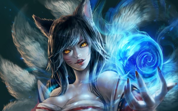 Anime picture 1290x804 with league of legends ahri (league of legends) r pg (artist) single long hair looking at viewer open mouth black hair wide image bare shoulders animal ears yellow eyes tail long sleeves animal tail fingernails lipstick fox ears magic facial mark