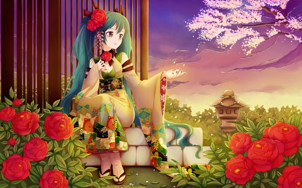 Anime picture 1920x1200 with vocaloid hatsune miku nardack tina18 single highres wide image sitting twintails green eyes cloud (clouds) very long hair nail polish traditional clothes japanese clothes hair flower aqua hair wallpaper third-party edit girl