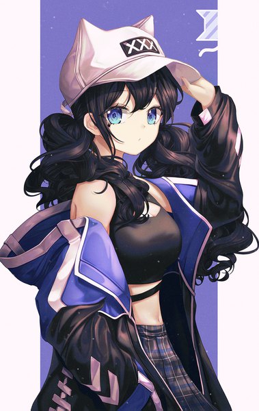 Anime picture 1000x1583 with original paya (aejx2345) single long hair tall image looking at viewer fringe breasts blue eyes black hair simple background hair between eyes standing twintails cleavage pleated skirt arm up off shoulder open jacket midriff