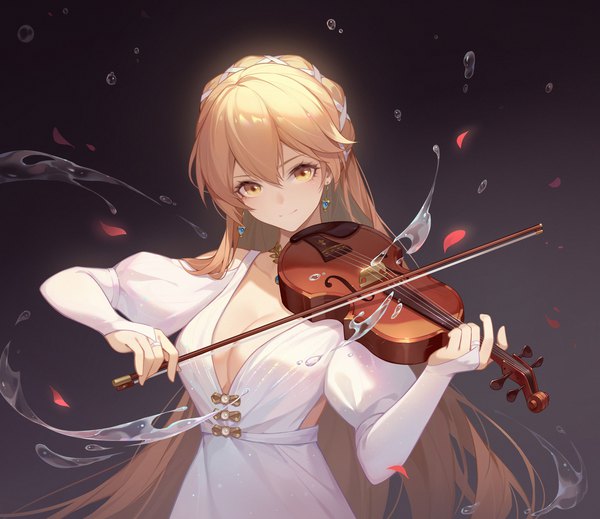 Anime picture 2000x1729 with girls frontline ots-14 (girls frontline) jiaoluo li de ta single long hair looking at viewer fringe highres breasts simple background blonde hair smile hair between eyes large breasts standing holding yellow eyes cleavage head tilt official alternate costume
