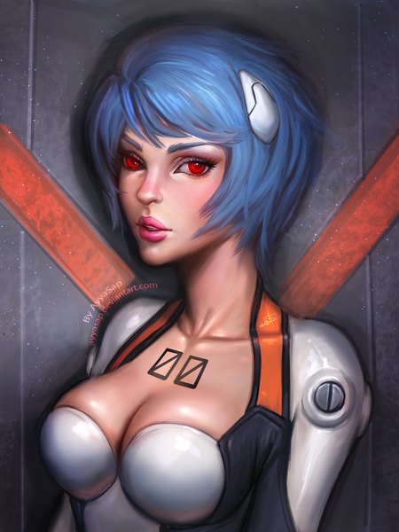 Anime picture 1536x2048 with neon genesis evangelion gainax ayanami rei ayyasap single tall image looking at viewer short hair breasts light erotic red eyes blue hair lips realistic tattoo lipstick pink lipstick girl bodysuit