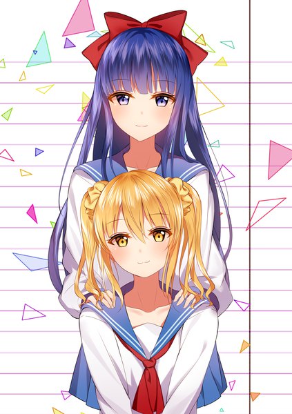 Anime picture 2117x3000 with poptepipic pipimi popuko junpaku karen long hair tall image looking at viewer blush fringe highres short hair hair between eyes purple eyes twintails multiple girls blue hair blunt bangs light smile short twintails hand on another's shoulder