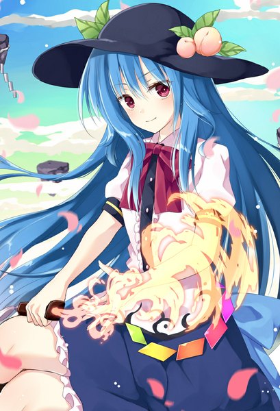 Anime picture 750x1100 with touhou hinanawi tenshi purin jiisan single long hair tall image looking at viewer blush fringe red eyes sitting blue hair sky light smile crossed legs glowing girl bow weapon hat