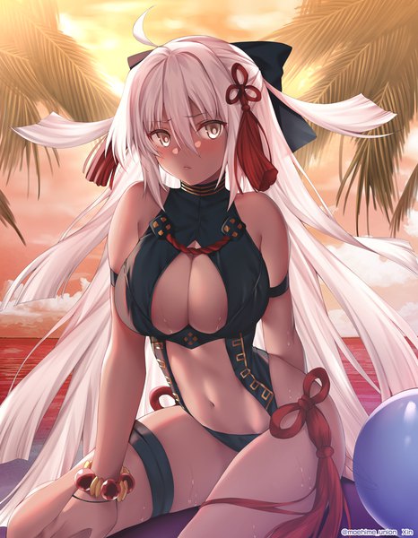 Anime picture 900x1157 with fate (series) fate/grand order koha-ace okita souji (fate) (all) okita souji alter (fate) obiwan single long hair tall image looking at viewer blush fringe breasts open mouth light erotic hair between eyes large breasts sitting bare shoulders yellow eyes