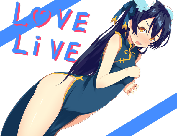 Anime picture 1500x1150 with love live! school idol project sunrise (studio) love live! sonoda umi ponkotsu (ayarosu) single long hair looking at viewer blush open mouth light erotic bare shoulders yellow eyes blue hair hair bun (hair buns) chinese clothes transparent background girl chinese dress bun cover