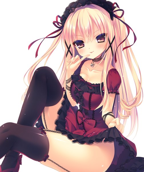 Anime picture 673x800 with original rubi-sama single long hair tall image looking at viewer blush light erotic blonde hair white background brown eyes girl thighhighs dress black thighhighs frills lolita hairband