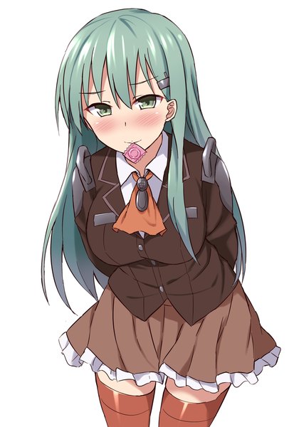 Anime picture 1024x1486 with kantai collection suzuya heavy cruiser sama samasa single long hair tall image looking at viewer blush breasts simple background smile large breasts holding green eyes pleated skirt aqua hair leaning leaning forward mouth hold condom in mouth