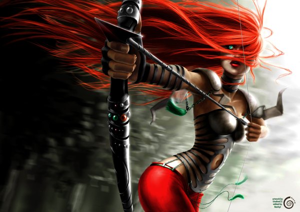 Anime picture 1600x1131 with original renhyl (artist) single long hair green eyes looking away red hair lipstick girl weapon pants bow (weapon) arrow (arrows)