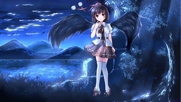 Anime picture 2205x1254 with touhou shameimaru aya risutaru single looking at viewer blush fringe highres short hair black hair smile wide image standing brown eyes cloud (clouds) full body outdoors pleated skirt wind night