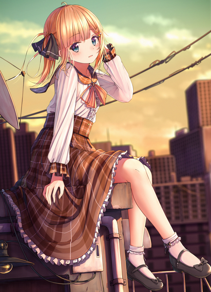 Anime picture 1839x2544 with original hoshino sora (n2) n2 (yf33) single long hair tall image looking at viewer blush highres blue eyes blonde hair sitting twintails sky ahoge outdoors long sleeves parted lips blurry depth of field