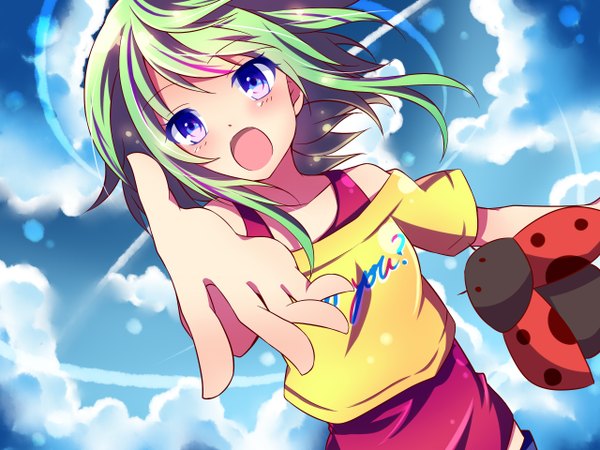 Anime picture 2560x1920 with vocaloid gumi single highres short hair open mouth blue eyes cloud (clouds) green hair outstretched arm girl