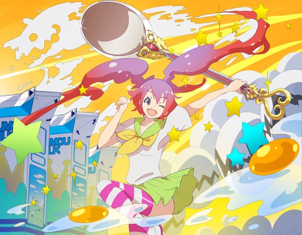 Anime picture 1200x933 with original seiji1209 long hair open mouth purple eyes twintails pink hair purple hair ass one eye closed multicolored hair wink two-tone hair magic abstract girl thighhighs miniskirt bowtie star (symbol)