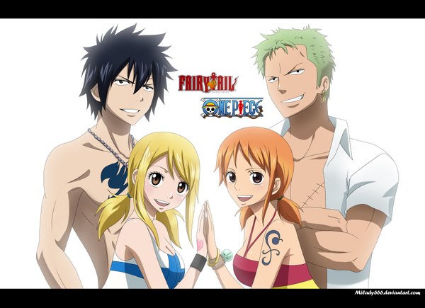 Anime picture 1600x1160 with one piece fairy tail toei animation lucy heartfilia nami (one piece) roronoa zoro gray fullbuster milady666 long hair short hair open mouth black hair blonde hair smile white background twintails bare shoulders multiple girls brown eyes green hair