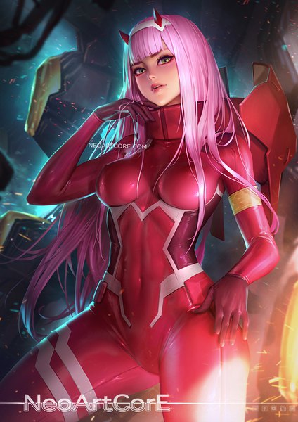 Anime picture 800x1132 with darling in the franxx studio trigger zero two (darling in the franxx) nudtawut thongmai single long hair tall image looking at viewer blush fringe breasts light erotic standing green eyes pink hair parted lips horn (horns) lips realistic inscription