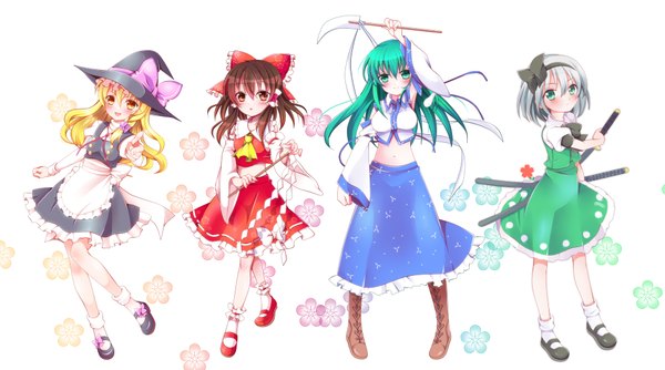 Anime picture 2000x1114 with touhou hakurei reimu kirisame marisa konpaku youmu kochiya sanae nekosugi (hoshi) long hair highres short hair blonde hair red eyes brown hair wide image multiple girls green eyes white hair green hair orange eyes group miko