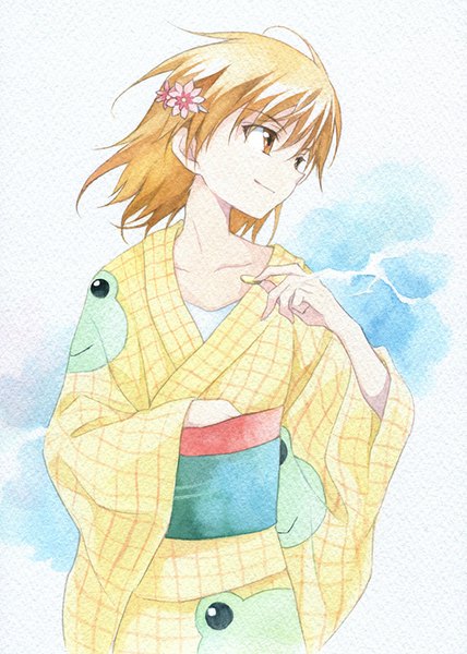 Anime picture 571x800 with to aru kagaku no railgun j.c. staff misaka mikoto gekota agahari single tall image fringe short hair blonde hair smile white background brown eyes looking away traditional clothes japanese clothes animal print traditional media watercolor (medium) biribiri