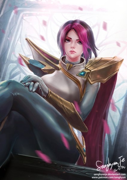 Anime picture 1001x1415 with league of legends fiora (league of legends) sanghyunje single tall image short hair black hair sitting purple eyes pink hair multicolored hair lips two-tone hair streaked hair crossed legs eyebrows girl gloves petals armor