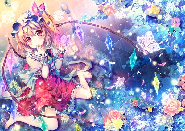 Anime picture 1000x707 with touhou flandre scarlet riichu single looking at viewer blush short hair blonde hair red eyes sitting one side up girl dress flower (flowers) bow hair bow petals wings frills insect