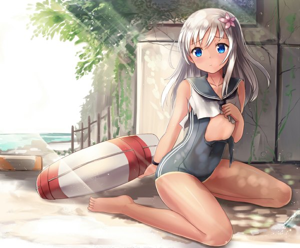 Anime picture 1000x829 with kantai collection ro-500 submarine sakura ani single long hair blush blue eyes light erotic white hair hair flower torn clothes torn swimsuit girl hair ornament flower (flowers) swimsuit lifebuoy