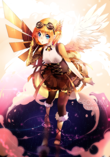 Anime picture 875x1250 with original squchan single tall image blush short hair blue eyes blonde hair sunlight :o angel wings head wings mechanical wings girl thighhighs dress black thighhighs wings thigh boots goggles