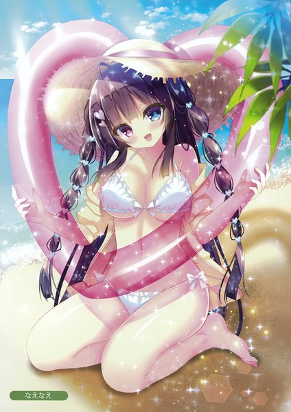 Anime picture 2476x3500 with original melonbooks nae-nae single long hair tall image looking at viewer blush fringe highres breasts open mouth light erotic black hair sitting signed ahoge braid (braids) head tilt sparkle